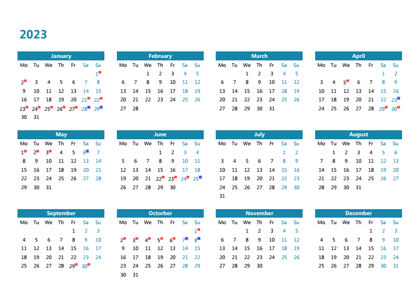 2023年日历 带节假日调休 A4横向 英文版 无农历 无周数 周一开始